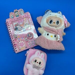 Cute  custom Pink and White Labubu Keychain with Notebook Set